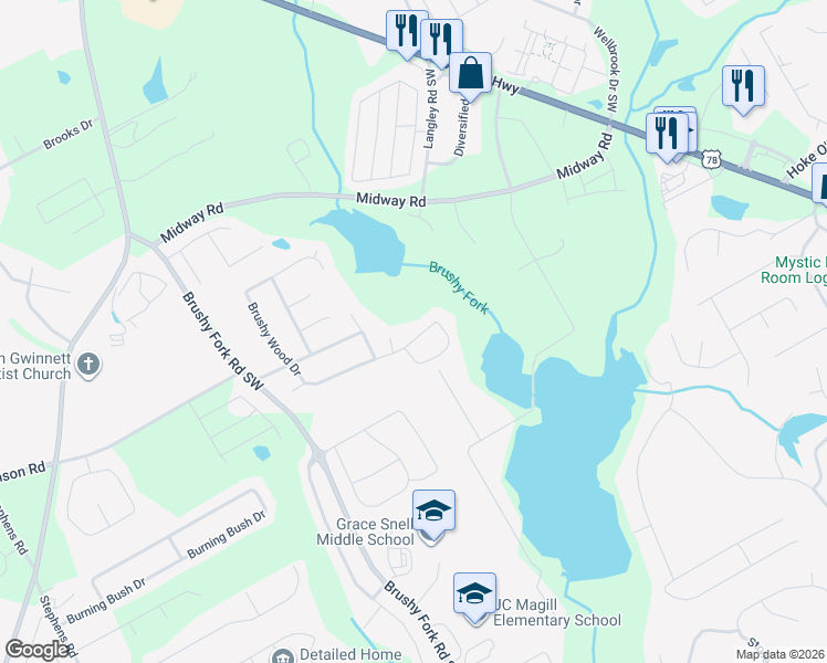 map of restaurants, bars, coffee shops, grocery stores, and more near 3830 Brushy Wood Drive in Loganville
