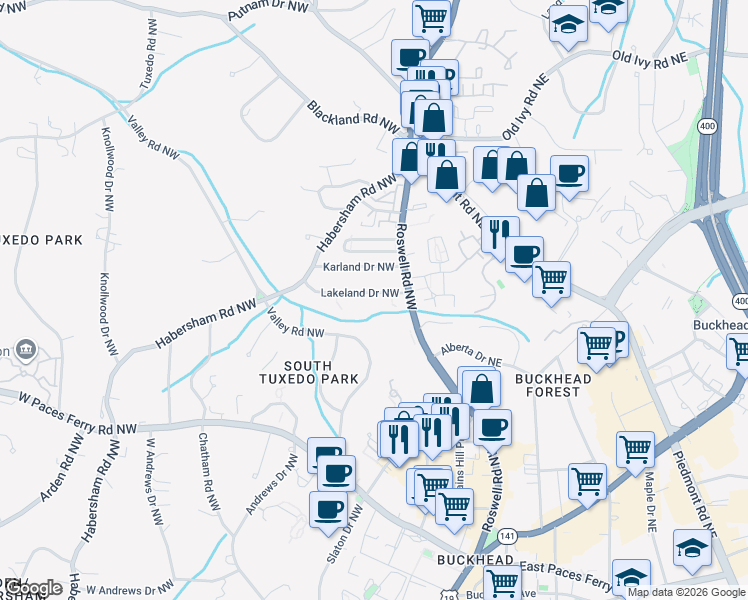 map of restaurants, bars, coffee shops, grocery stores, and more near 45 Lakeland Drive Northwest in Atlanta