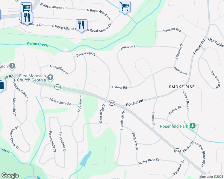 map of restaurants, bars, coffee shops, grocery stores, and more near 5170 Oxbow Road in Stone Mountain