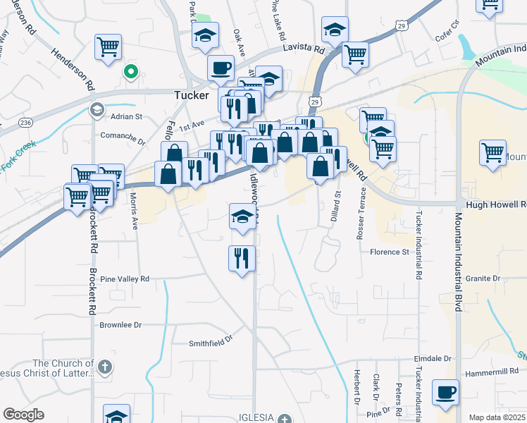 map of restaurants, bars, coffee shops, grocery stores, and more near 4292 Cowan Road in Tucker