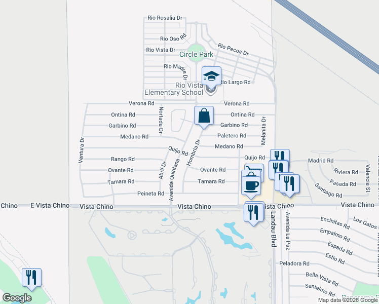 map of restaurants, bars, coffee shops, grocery stores, and more near 27445 Hombria Drive in Cathedral City