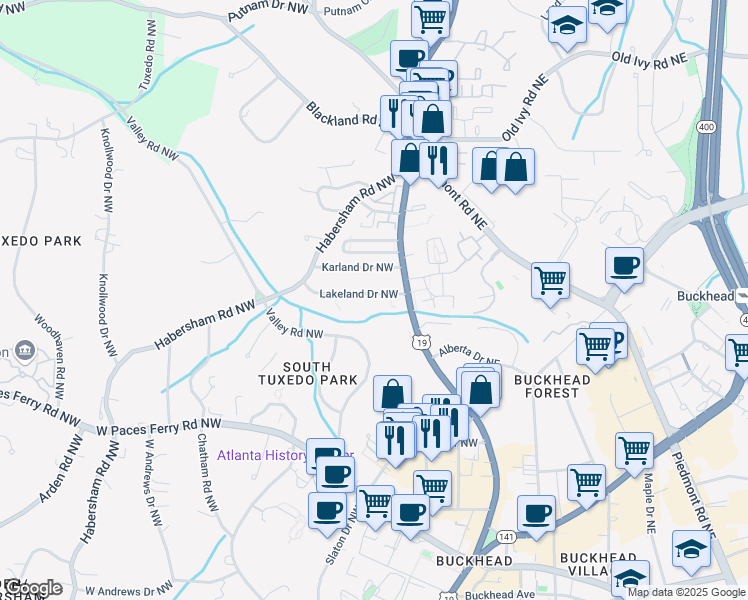 map of restaurants, bars, coffee shops, grocery stores, and more near 50 Lakeland Drive Northwest in Atlanta