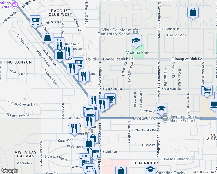 map of restaurants, bars, coffee shops, grocery stores, and more near 250 East Via Escuela in Palm Springs