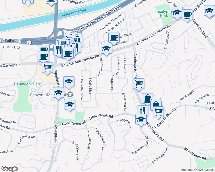map of restaurants, bars, coffee shops, grocery stores, and more near 5926 East Hadrians Crescent in Anaheim