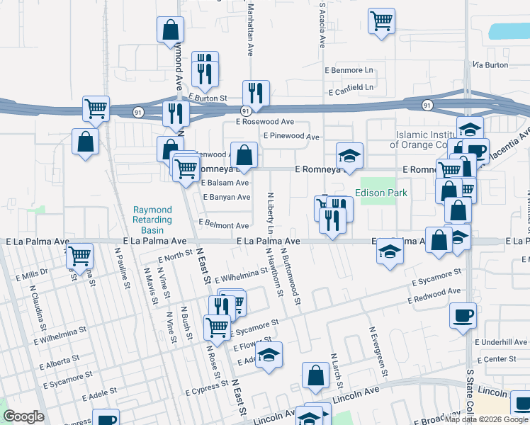 map of restaurants, bars, coffee shops, grocery stores, and more near 1107 North Liberty Lane in Anaheim