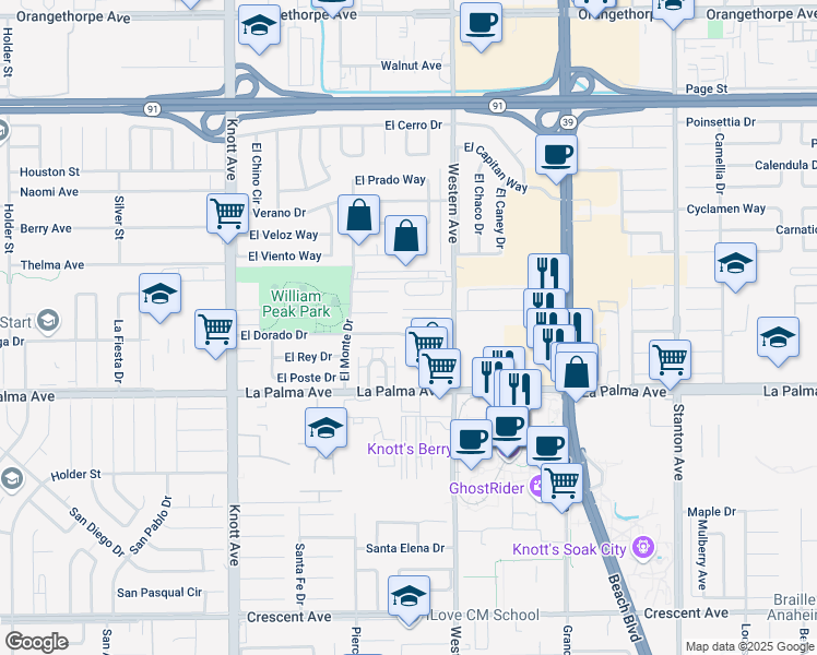 map of restaurants, bars, coffee shops, grocery stores, and more near 7450 El Rosal Circle in Buena Park
