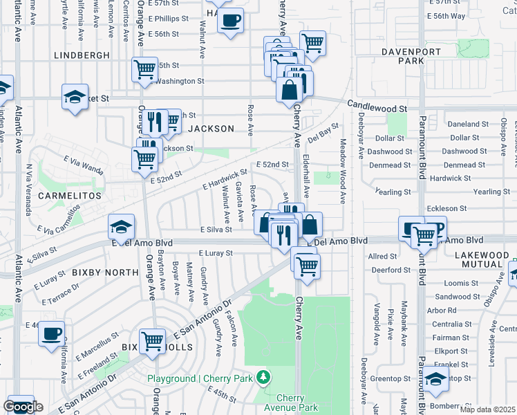 map of restaurants, bars, coffee shops, grocery stores, and more near 5104 Rose Avenue in Long Beach