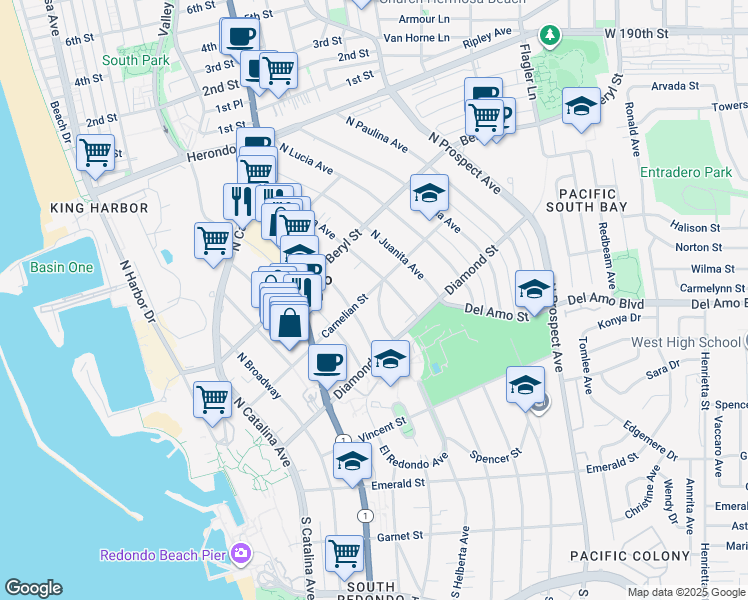 map of restaurants, bars, coffee shops, grocery stores, and more near 715 Carnelian Street in Redondo Beach