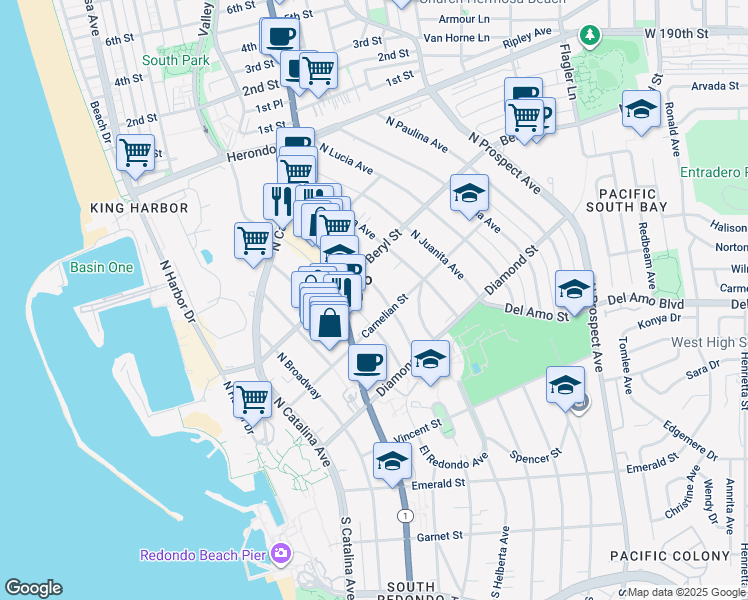 map of restaurants, bars, coffee shops, grocery stores, and more near 428 North Gertruda Avenue in Redondo Beach