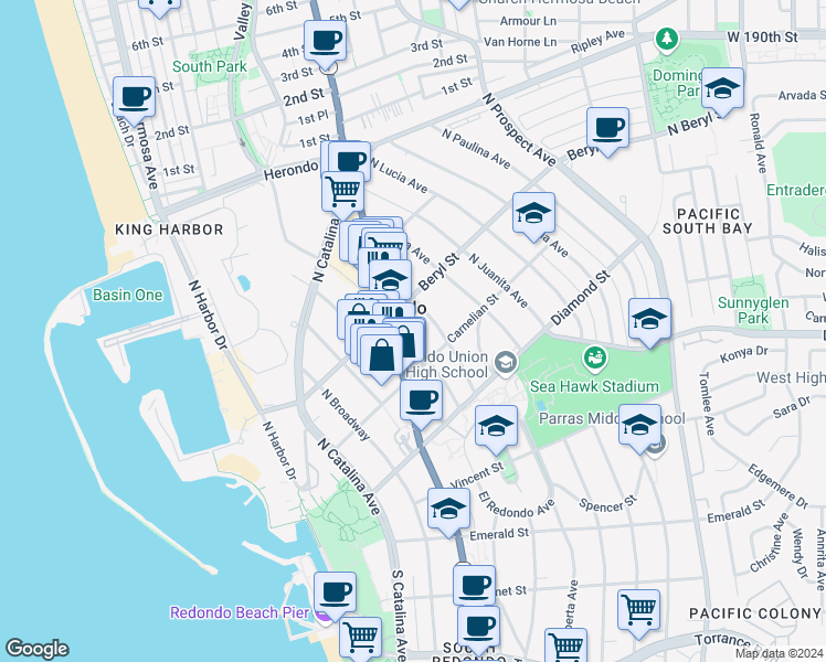 map of restaurants, bars, coffee shops, grocery stores, and more near 428 North Gertruda Avenue in Redondo Beach
