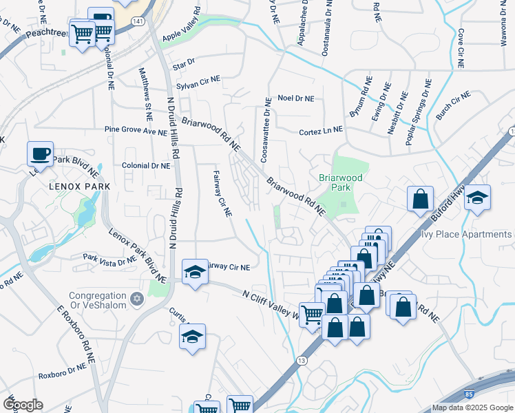 map of restaurants, bars, coffee shops, grocery stores, and more near 2251 Limehurst Drive in Atlanta