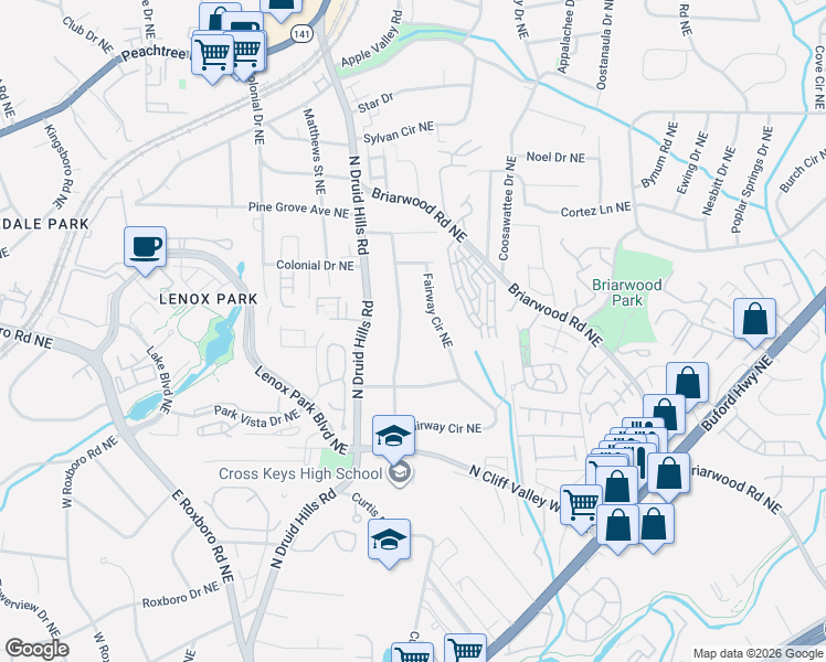 map of restaurants, bars, coffee shops, grocery stores, and more near 2201 Fairway Circle Northeast in Atlanta