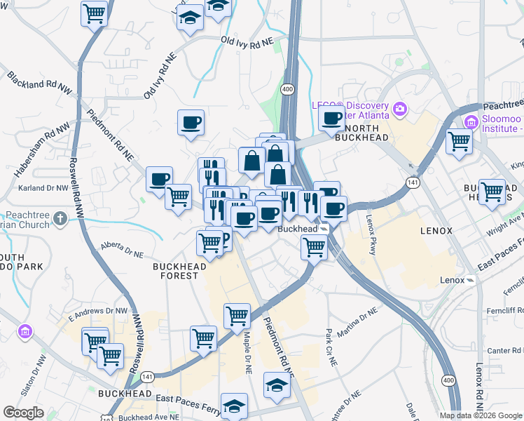 map of restaurants, bars, coffee shops, grocery stores, and more near 3336 Peachtree Road Northeast in Atlanta