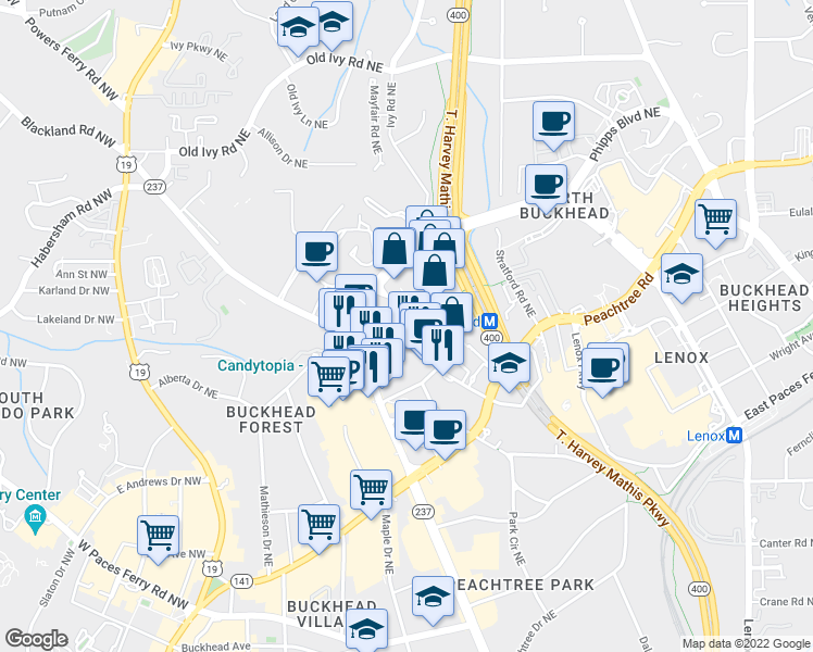map of restaurants, bars, coffee shops, grocery stores, and more near 3338 Peachtree Road in Atlanta