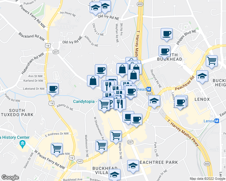 map of restaurants, bars, coffee shops, grocery stores, and more near 3423 Piedmont Road Northeast in Atlanta