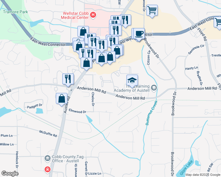 map of restaurants, bars, coffee shops, grocery stores, and more near 1650 Anderson Mill Road in Austell
