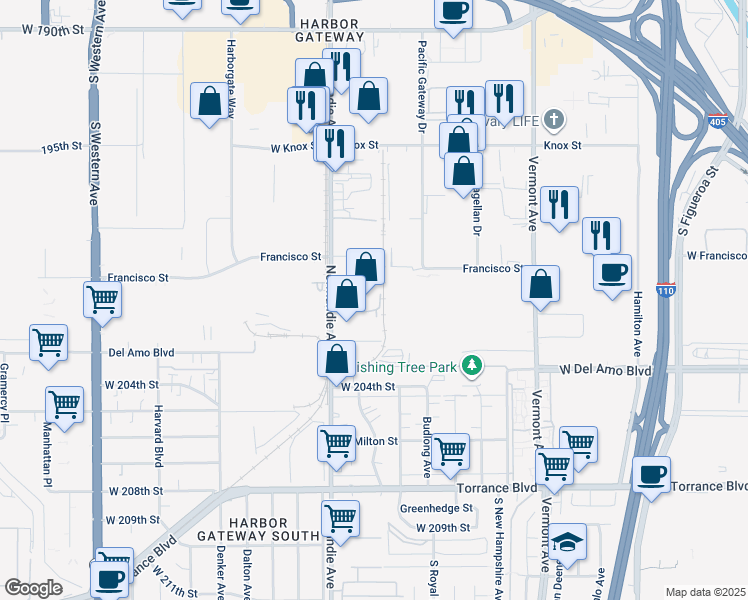 map of restaurants, bars, coffee shops, grocery stores, and more near 1201 West Jon Street in Torrance