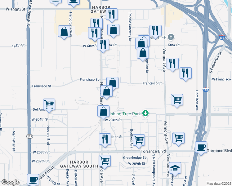 map of restaurants, bars, coffee shops, grocery stores, and more near 1201 West Jon Street in Torrance