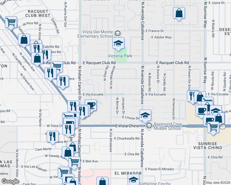 map of restaurants, bars, coffee shops, grocery stores, and more near 2101 North Berne Drive in Palm Springs