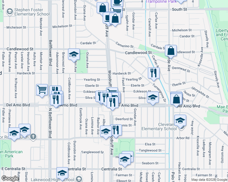 map of restaurants, bars, coffee shops, grocery stores, and more near 4966 Woodruff Avenue in Lakewood