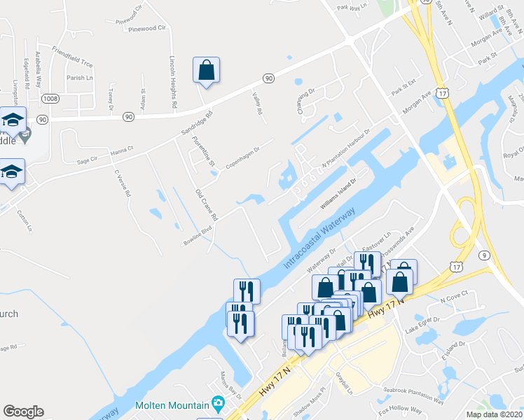 map of restaurants, bars, coffee shops, grocery stores, and more near 4513 North Plantation Harbour Drive in Little River