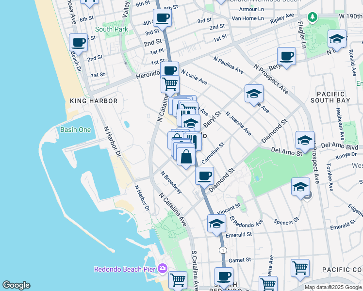 map of restaurants, bars, coffee shops, grocery stores, and more near 411 Beryl Street in Redondo Beach