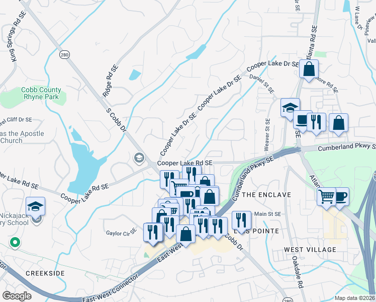 map of restaurants, bars, coffee shops, grocery stores, and more near 4270 Laurel Creek Court Southeast in Smyrna
