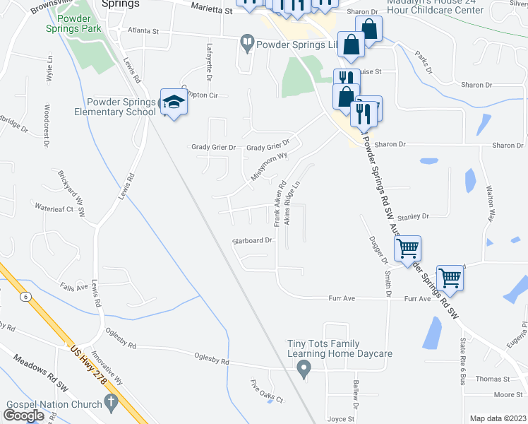 map of restaurants, bars, coffee shops, grocery stores, and more near 3872 Morning Dew Way in Powder Springs