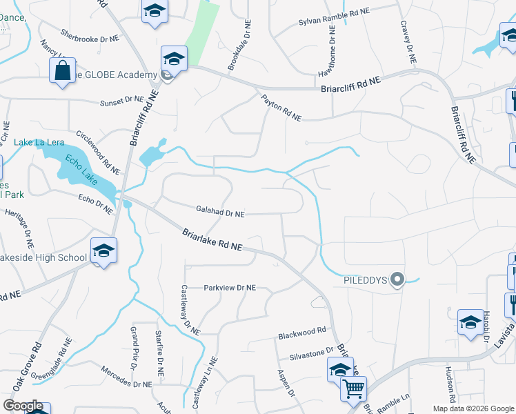 map of restaurants, bars, coffee shops, grocery stores, and more near 2780 Galahad Drive Northeast in Atlanta