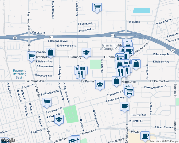map of restaurants, bars, coffee shops, grocery stores, and more near 1541 East La Palma Avenue in Anaheim