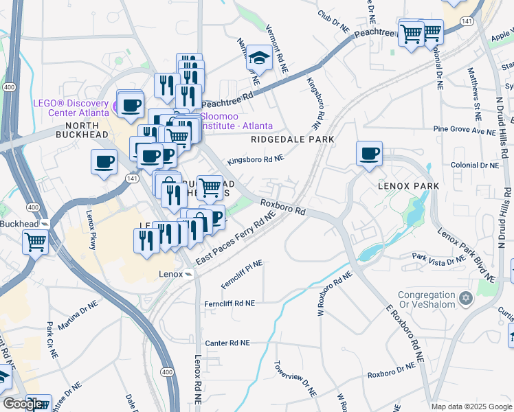 map of restaurants, bars, coffee shops, grocery stores, and more near 3450 Roxboro Road in Atlanta