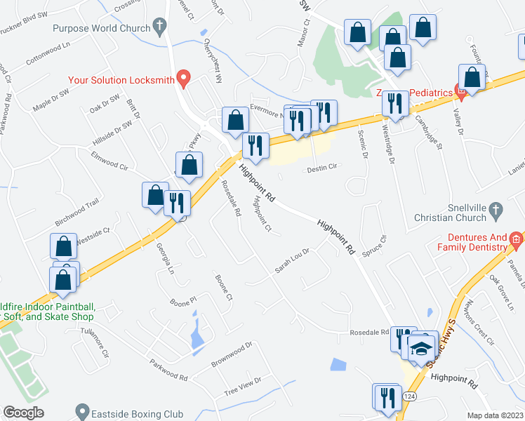 map of restaurants, bars, coffee shops, grocery stores, and more near 3214 Highpoint Court in Snellville