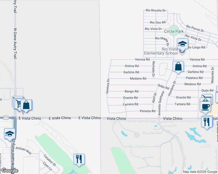map of restaurants, bars, coffee shops, grocery stores, and more near 67120 Quijo Road in Cathedral City
