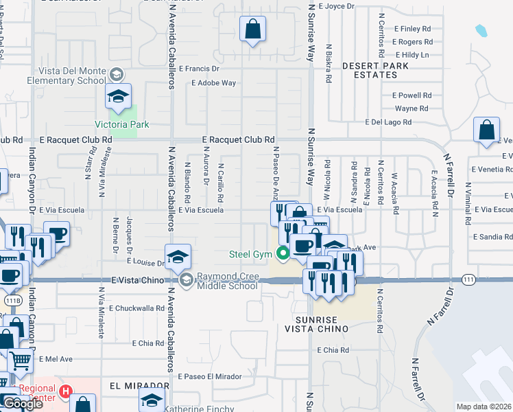 map of restaurants, bars, coffee shops, grocery stores, and more near 1411 Olga Way in Palm Springs