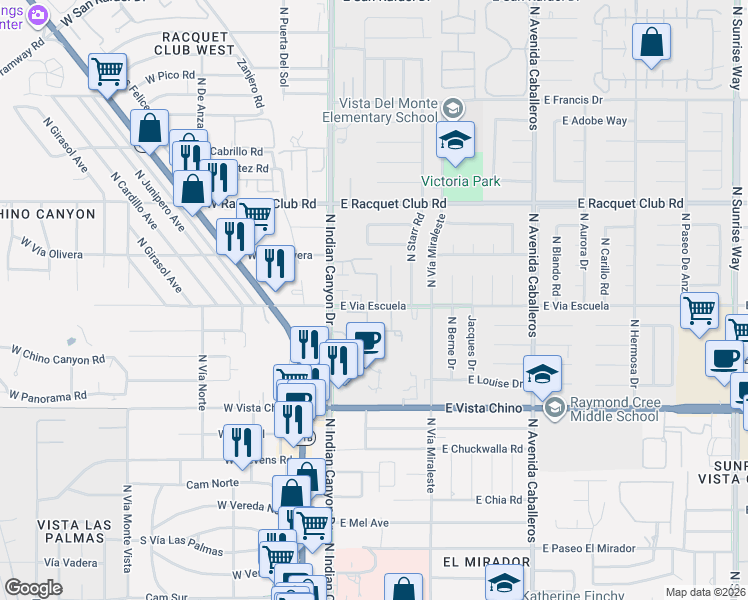 map of restaurants, bars, coffee shops, grocery stores, and more near 250 East Via Escuela in Palm Springs