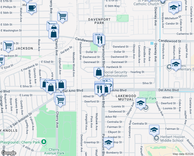 map of restaurants, bars, coffee shops, grocery stores, and more near 2531 Eckleson Street in Lakewood