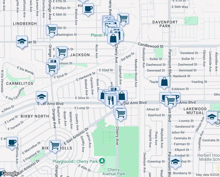 map of restaurants, bars, coffee shops, grocery stores, and more near 5071 Gardenia Avenue in Long Beach