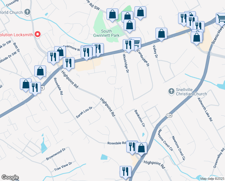 map of restaurants, bars, coffee shops, grocery stores, and more near 2930 Spruce Circle in Snellville