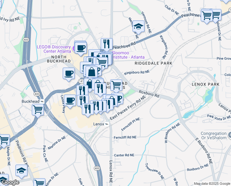 map of restaurants, bars, coffee shops, grocery stores, and more near 3480 Lakeside Drive Northeast in Atlanta