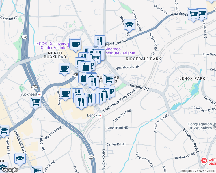 map of restaurants, bars, coffee shops, grocery stores, and more near 3480 Lakeside Drive Northeast in Atlanta