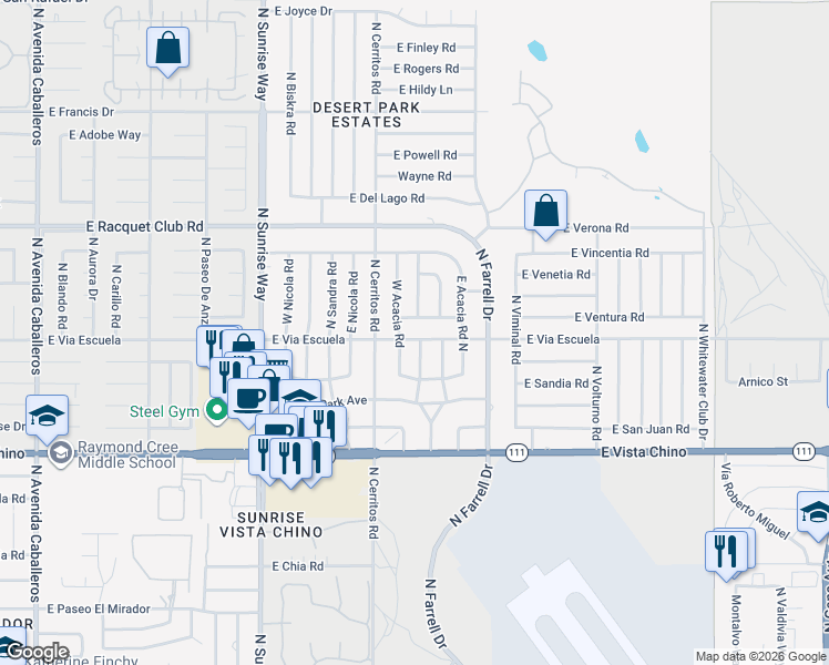map of restaurants, bars, coffee shops, grocery stores, and more near 2222 East Via Escuela in Palm Springs