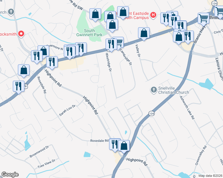 map of restaurants, bars, coffee shops, grocery stores, and more near 2331 Westridge Drive in Snellville