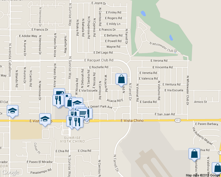 map of restaurants, bars, coffee shops, grocery stores, and more near 2222 East Vía Escuela in Palm Springs