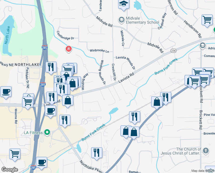 map of restaurants, bars, coffee shops, grocery stores, and more near 3345 Flowers Drive in Tucker