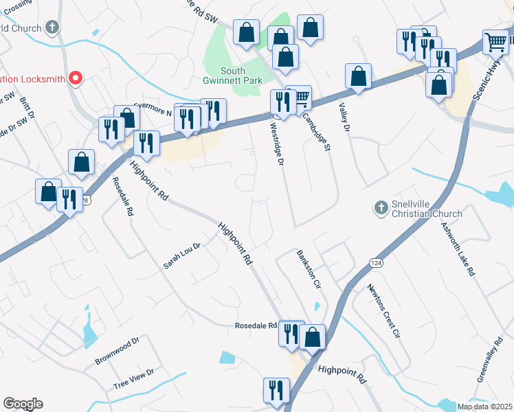 map of restaurants, bars, coffee shops, grocery stores, and more near 2893 Spruce Circle in Snellville
