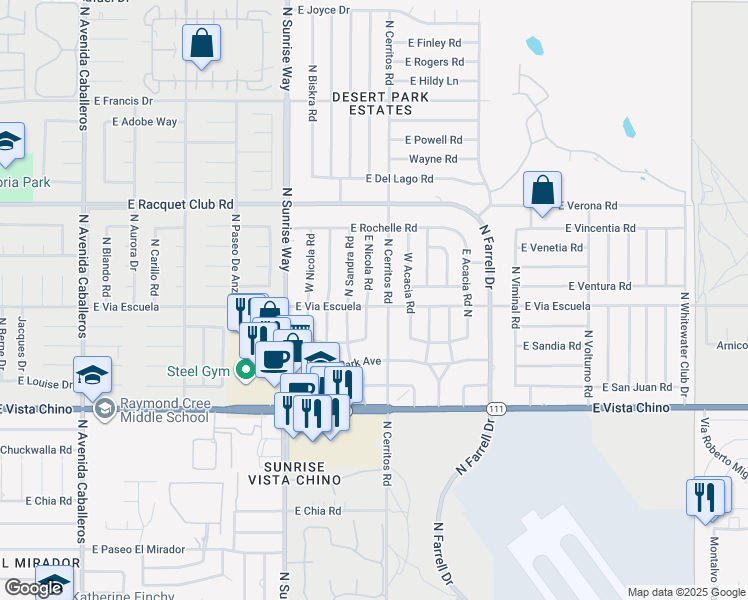 map of restaurants, bars, coffee shops, grocery stores, and more near 2100 E Nicola Rd in Palm Springs