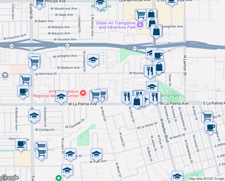 map of restaurants, bars, coffee shops, grocery stores, and more near 1149 North Mayfair Avenue in Anaheim