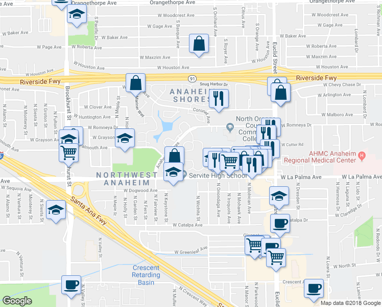 map of restaurants, bars, coffee shops, grocery stores, and more near 1991 West Ebbtide Way in Anaheim