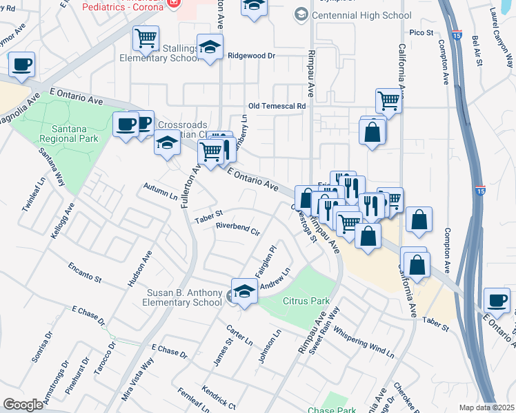 map of restaurants, bars, coffee shops, grocery stores, and more near 2359 Calvert Street in Corona