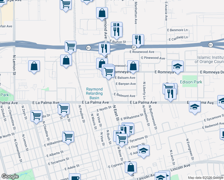 map of restaurants, bars, coffee shops, grocery stores, and more near 1120 North East Street in Anaheim
